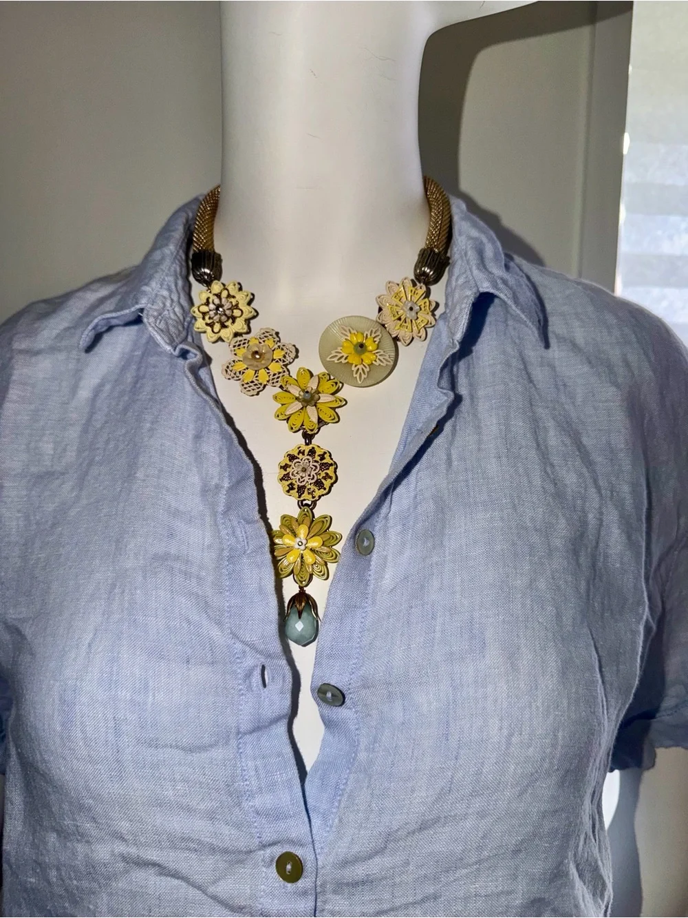 Source Unknown Yellow Floral Pendant Necklace with Teal Drop